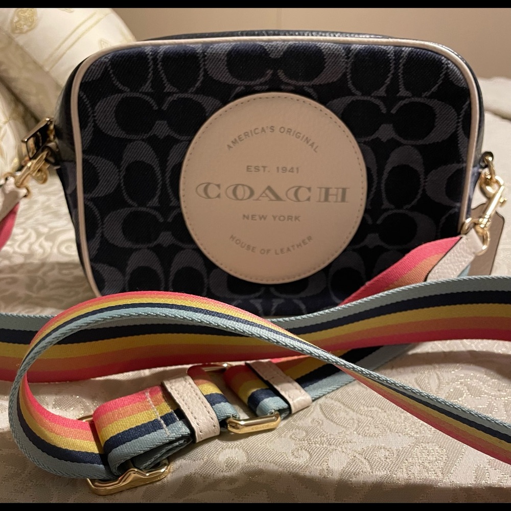 Coach Dempsey camera jacquard crossbody with rainbow strap